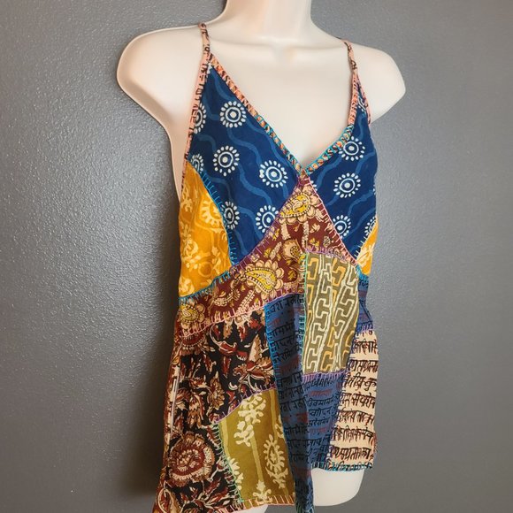 Vintage Blue Sky Veggie Dyes Multi Colored Abstract Print Patchwork Tank Top - Picture 3 of 4